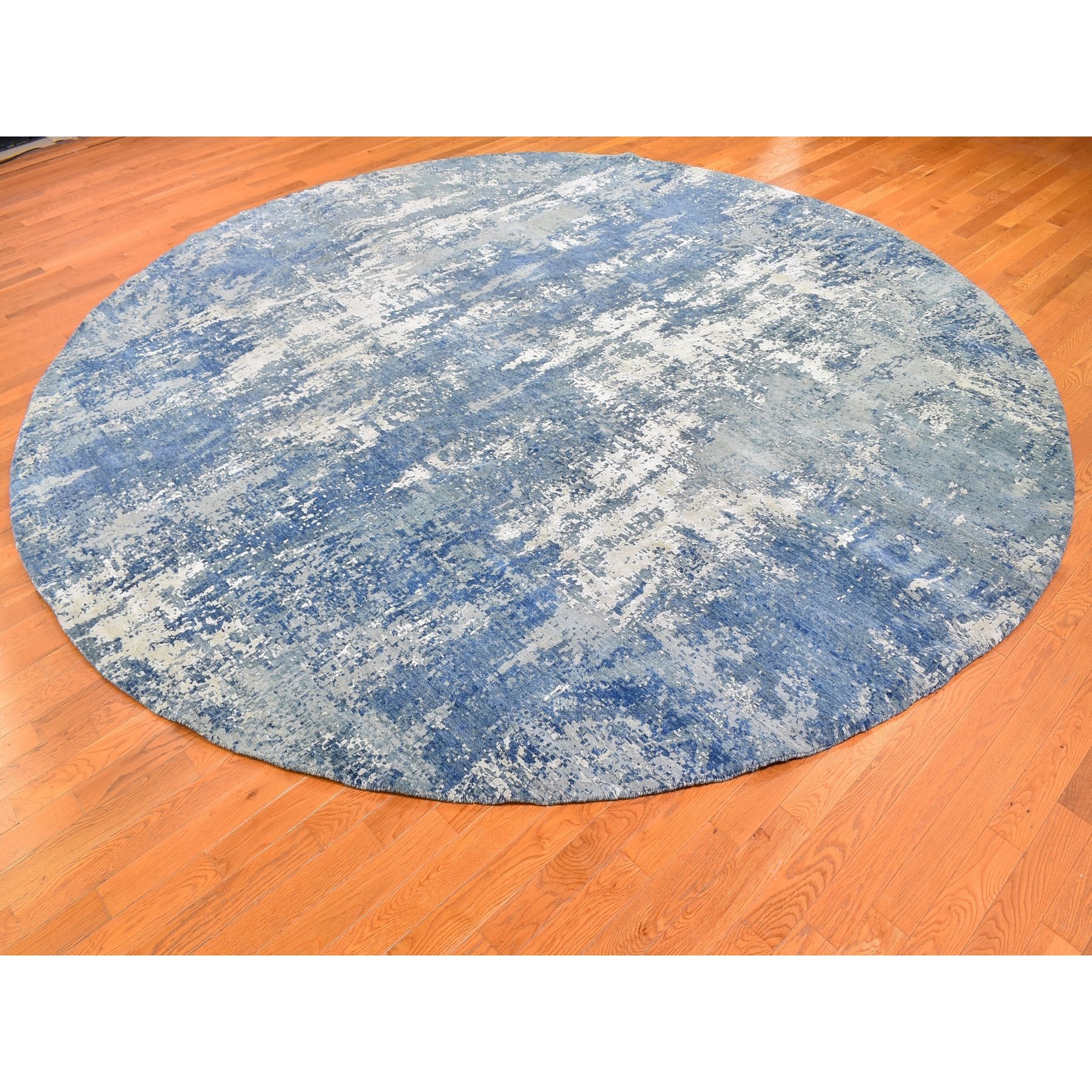 12'x12' Blue Abstract Design Wool and Real Silk Hand Knotted Round